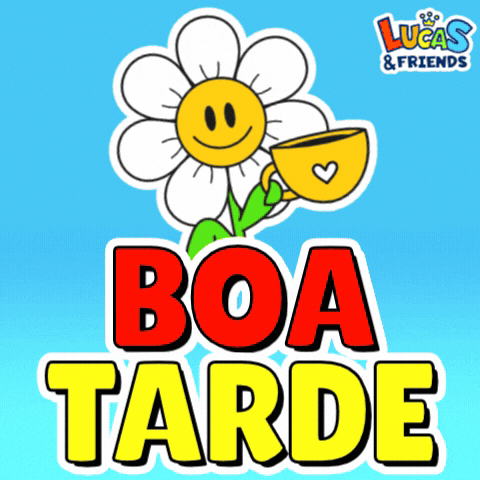 Cartoon gif. A smiling daisy holds a yellow mug with a heart on it above text that reads, "Boa tarde."