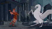 Disney gif. Hercules and Pegasus in Hercules knock heads and then high five.