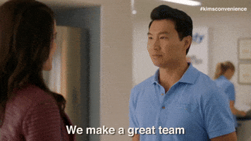 TV gif. Simi Lu as Jung in Kim's Convenience Store. He looks at a woman and cocks his head down in surprise as he says, "We make a great team."