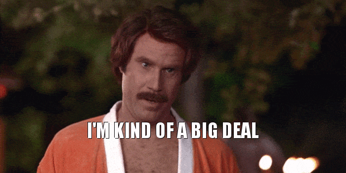 Movie gif. Will Ferrell as Ron Burgundy in Anchorman is dressed in an orange robe without a shirt on. He tilts his head condescendingly and says, “I’m kind of a big deal," with a smug smirk.
