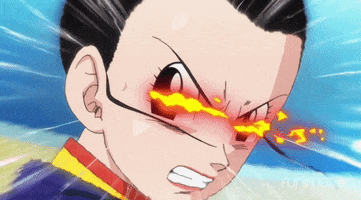 Anime gif. Chi Chi from Dragon Ball Super looks over her shoulder angrily. She grits her teeth, furrows her brows, and flames erupt from her eyes.
