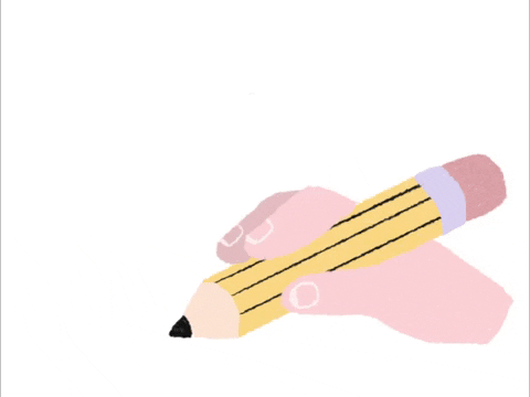 Illustrated gif. Hand holds a thick pencil and begins to draw a line before the pencil lead breaks.