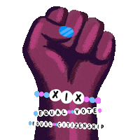 Digital art gif. Manicured fist pumps up and down against a transparent background with three bracelets that read, “XIX, equal vote, equal citizenship.”
