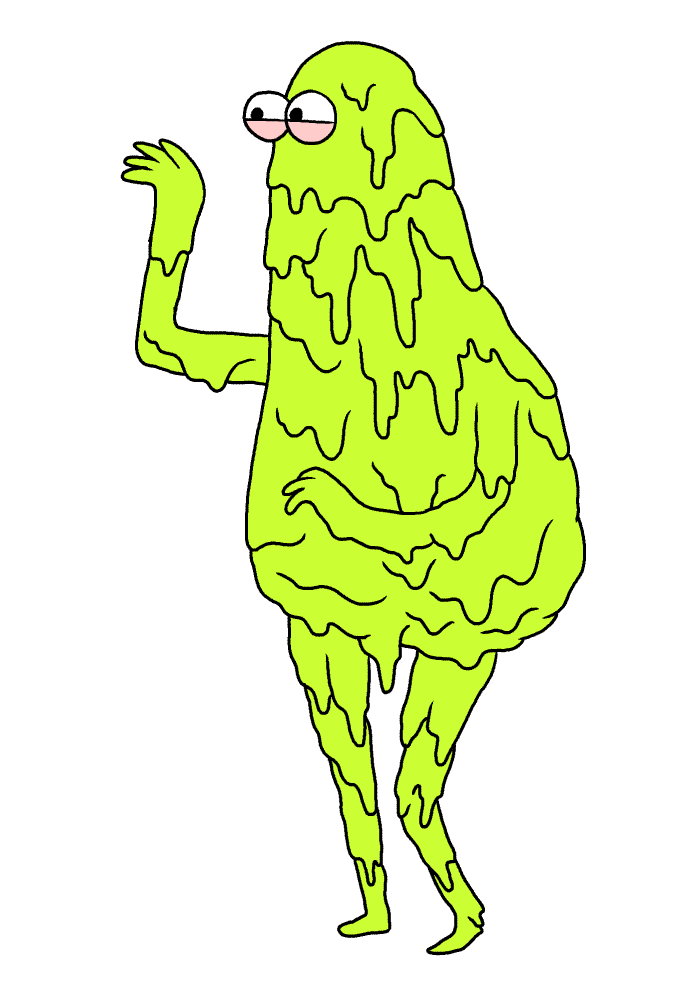 Digital art gif. Figure covered in lime-green slime waves a hand and swivels a foot in front of a white background.