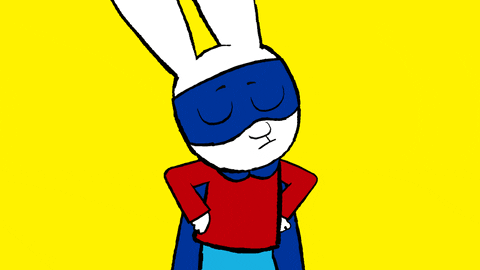 Cartoon gif. Simon from Simon Super Rabbit wears a blue mask and a cape. He throws his arms up in the air and screams. He then flexes his arm to show his very small muscle.