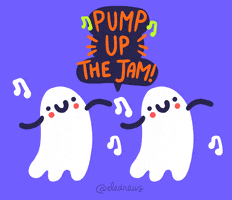 Illustrated gif. Two smiling ghosts, side by side, dance in sync, popping and locking. Text expands and contracts with their movements, "Pump up the jam!"