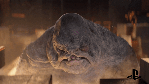 Video game gif. Slow motion clip of a monster from "Destiny 2" with a super wrinkly face like a pug raises his head slowly, mouth hanging open with sharp teeth. Text, Felt cute... might delete later."