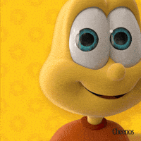 Sponsored gif. Buzz, the anthropomorphic bee mascot for Cheerios, taps at the screen as if trying to get the viewer's attention. Buzz is smiling excitedly. The Cheerios logo is in the lower right corner.