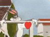 Cartoon gif. Bugs Bunny hangs his arms over the edge of a fence post and smiles while his heart literally beats out of his chest.