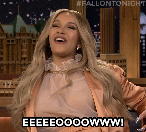 Celebrity gif. Appearing as a guest on The Tonight Show, Cardi B throws her head back in laughter and disgust and yells, “EEEEEOOOOWWW!”