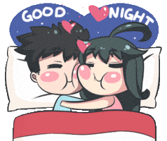 Cartoon gif. The text, “Good night” floats above in the night sky as a cartoon man and a woman cuddle each other in bed. They love each other so much that they create pink hearts that float above them and pop like fireworks.