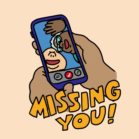 Illustrated gif. A hand holds a phone that's Facetiming grandparents who wave at us. The screen goes fuzzy for a bit before refocusing and the text reads, "Missing you!"