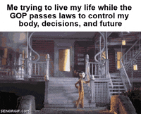 Meme gif. Man contorts the clay "Coraline" character during a stop-motion shoot to produce the film. Text, "Me trying to live my life while the GOP passes laws to control my body, decisions, and future."