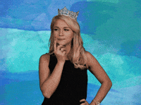 Celebrity gif. Wearing her Miss America 2017 crown, Savvy Shields stands with one hand on her hip and the other tapping her chin and looking around as if she is pondering something.