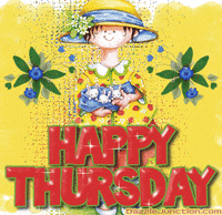 Digital illustration gif. Woman wearing a yellow sunhat, smiles while holding a blue blanket containing three baby rabbits. Sparkles shimmer across the text, "Happy Thursday."