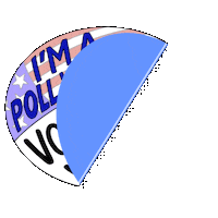 Digital art gif. Circle-shaped sticker decorated with an American flag adheres to a transparent background, featuring capitalized text that reads, “I’m a poll worker. Volunteer with me.”