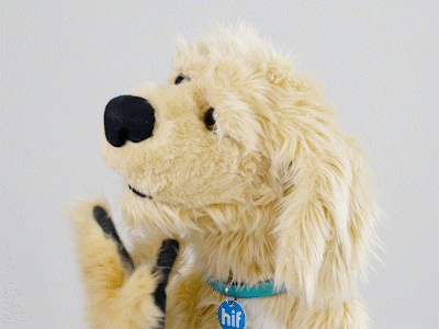 Video gif. Puppet of a blonde dog, rubs his chin as if thinking very hard.