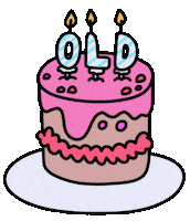 Sticker gif. Quirky homemade layer cake, covered in pink frosting, flames dancing atop aqua striped letter candles that spell out, 'Old.'