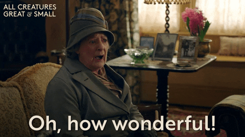 TV gif. A senior woman from All Creatures Great and Small speaks to someone offscreen, overcome with emotion. Text, "Oh, how wonderful!"