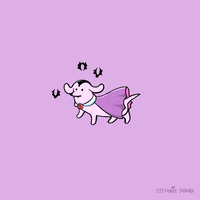 Digital art gif. Cartoon pink vampire Dachshund with vampire fangs, greased-back hair, and wearing a purple cape struts confidently as three small bats fly above.