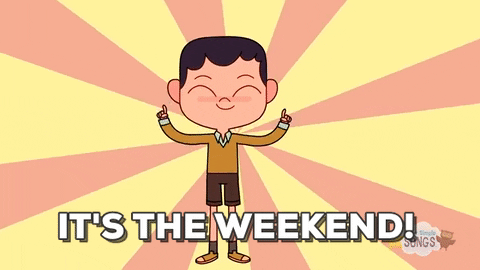 Illustrated gif. A smiling boy does a happy dance and turns around, against a pink and yellow starburst background. Text, "it's the weekend!"