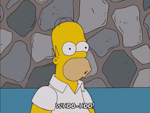 The Simpsons gif. Homer Simpson throws his fists into the air jubilantly, saying, Whoo-hoo!