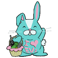 Text gif. Blue and pink bunny, holding an Easter basket with cash and new car keys, smiles and waves, the message "I heart E Vs" written across their furry belly.