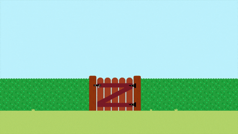 Cartoon gif. Duggee from Hey Duggee runs, holding one of his friends in his arms. He jumps over a garden gate, then runs through a stack of hay, leaving a Duggee-shaped hole behind him.