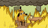Cartoon gif. It's Fine Dog sits at a table with a coffee cup in front of him. He looks at us with a smile and says, “This is fine" as he looks up at the flames that are engulfing the room.