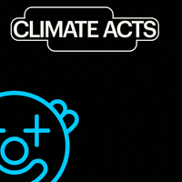 Digital art gif. Clip art of a blue clown face bounces around like a screensaver against a black background. Text, “Climate acts, not circus acts.”