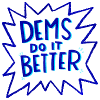 Digital art gif. Inside a comic book-like "POW" symbol, all-caps blue text reads, "Dems do it better."
