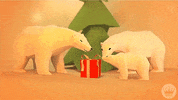 Illustrated gif. A mother, father, and baby polar bear sniff at a red present with a gold bow beneath a Christmas tree.