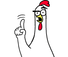 Cartoon gif. Chicken Bro hand drawn chicken with 1 eyebrow lifted wags a finger in the air and shakes its head side to side as its red wattle and comb sway in sync. 
