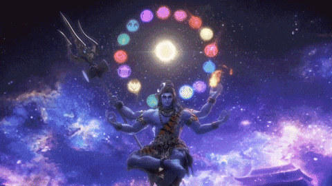 Lord Shiva in cosmic meditation with celestial orbit