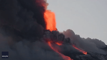 Lava Flows Following Eruption at Italy's Mount Etna Volcano