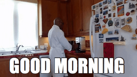 Video gif. Man in a robe grabs a coffee pot from the machine and drinks directly from it. Text, “Good morning.”