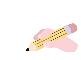 Illustrated gif. Hand holds a thick pencil and begins to draw a line before the pencil lead breaks.