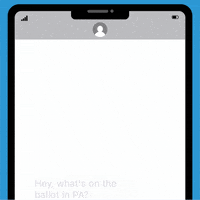 Digital art gif. Text screen of a cell phone displays a conversation. A text comes in that asks, “Hey, what’s on the ballot in PA?” We respond, “Our next governor, our next senator, our congresspeople, our legislature.” The person responds with an anxious emoji, “So, should I vote?” We respond, “Vote early with me, by mail, or on election day.” The person responds with a thumbs-up emoji.
