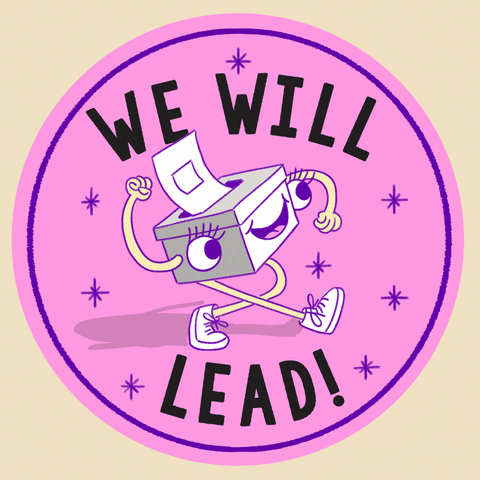 Digital art gif. Pink and purple circular sticker against a beige background features a smiling ballot box that strolls confidently and pumps its fists. Text, “We will lead!”