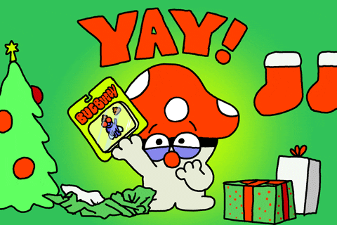 Illustrated gif. Mushroom jumps excitedly, holding a packaged toy amid a green and red Christmas tree, presents and stockings. Text reads, "Yay!"