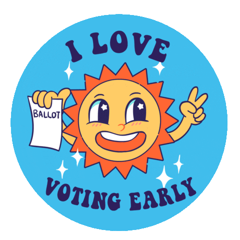 Illustrated gif. Round sticker of a cartoon sun on sky blue, smiling ecstatic stars in its eyes rays spinning, ballot in one hand peace sign in the other, sparkles all around. Text, "I love voting early."