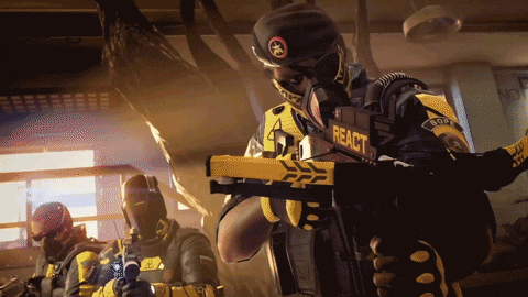 Video game gif. Character in Rainbow Six Extraction shoots a crossbow arrow at a mutated monster and smoke engulfs around him and his team.