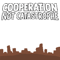 Digital art gif. Cartoon animation of a mushroom cloud exploding and then dispersing into little birds flying away amid a city in the distance. Text, "Cooperation not catastrophe."