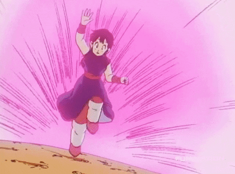 Anime gif. Chi-Chi from Dragonball Z runs towards Goku at full speed and launches herself around his neck. They spin together as he looks shy and shocked.