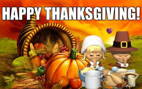 Digital art gif. Pilgrim woman and man pray over a table full of food. Behind is a huge cornucopia that is overflowing with corn, grapes, apples, and a pumpkin. Text, “Happy Thanksgiving.”