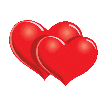 Sticker gif. Two red hearts snuggled together, one larger than the other, beating in unison.