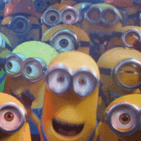 Movie gif. A crowd of Minions from Minions 2: Rise of Gru scream and cheer with excitement. 