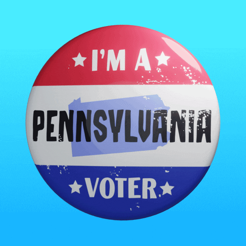 Digital art gif. Round red, white, and blue button featuring the shape of Pennsylvania spins over a light blue background. Text, “I’m a Pennsylvania voter.”