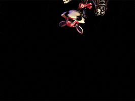 Video game gif. We look up at Mangle from Friday Night at Freddy's as he hands upside down and quickly moves toward us with his animatronic mouth open menacingly.