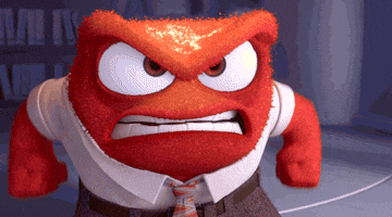Disney gif. Anger from Inside Out clenches his fists in rage before the top of his head explodes upward in a pyre of flames. Fear cowers behind him.